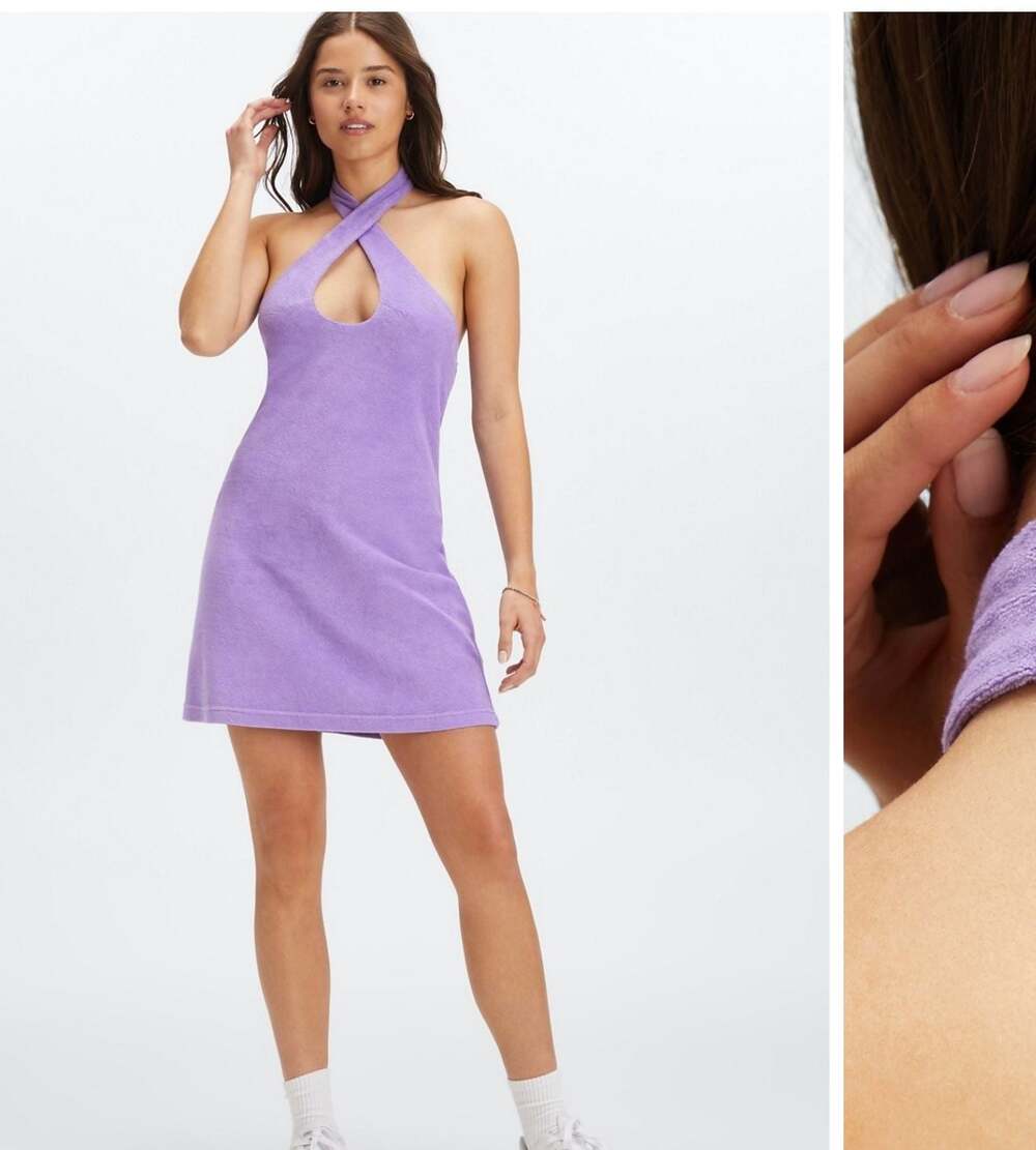 Fabletics Women's Purple Terry Cloth Halter Mini Dress Size M